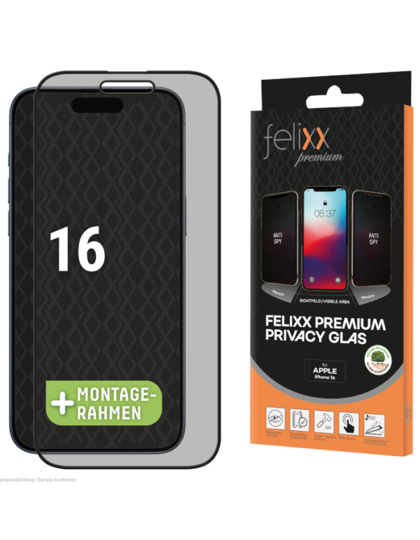 felixx Premium 3D Privacy Glas Full-Cover mit Blickschutz für iPhone 16 / 15 / 15 Pro