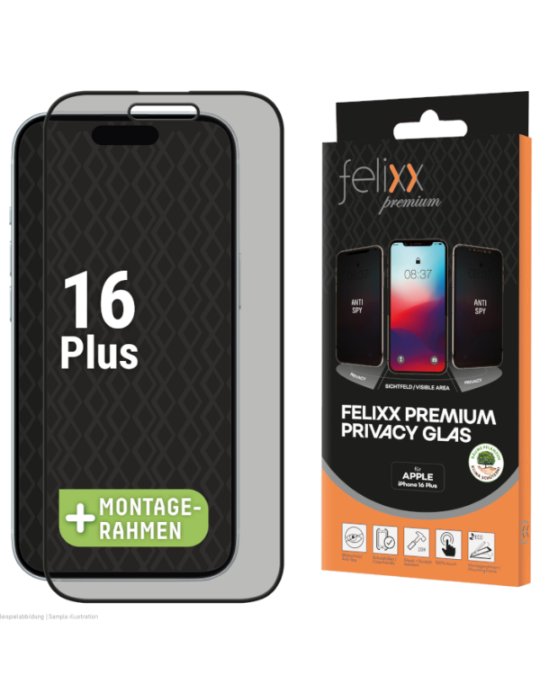 felixx Premium 3D Privacy Glas Full-Cover mit Blickschutz für iPhone 16 Plus / 15 Plus / 15 Pro Max